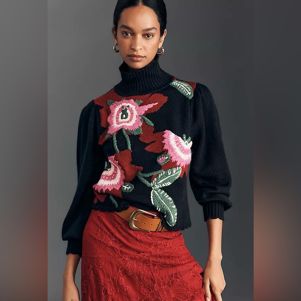 🌸🌹🌺 FARM RIO 🌺🌹🌸 Black Bold Colorful Flower Embroidered Knit Sweater - Picture 5 of 16